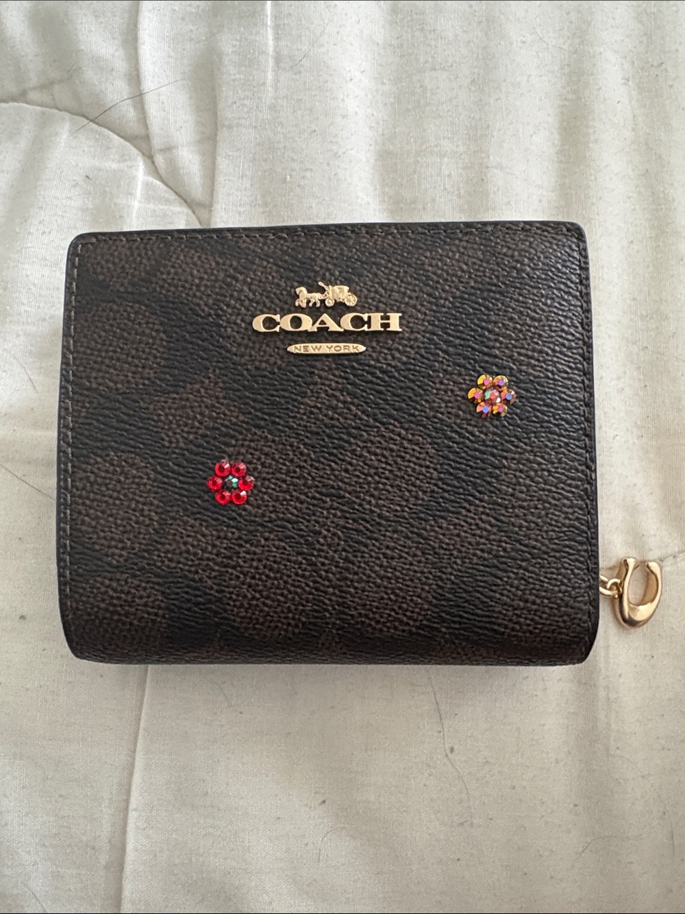 Coach Brown Signature Compact Wallet with Gold Logo